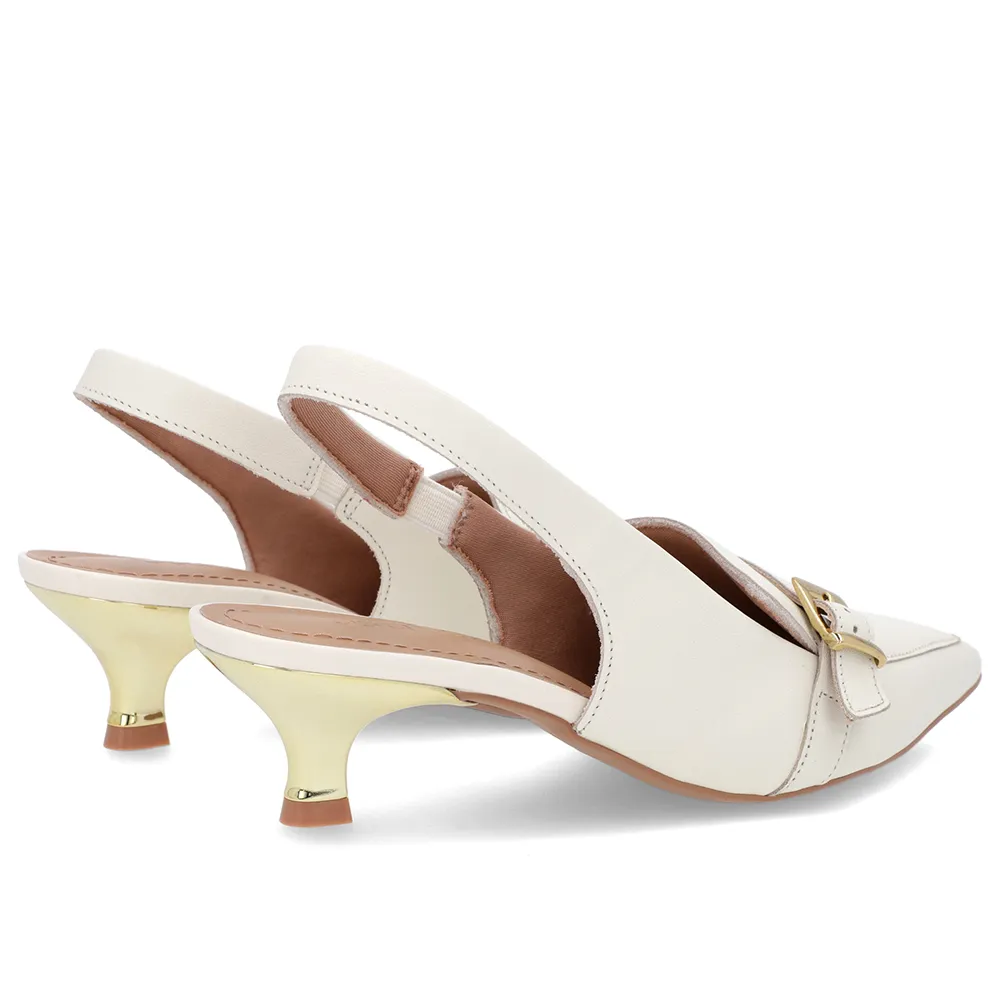 Slingback Branco Marfim Feminino Couro Tira Ajustável Confortável Elegante