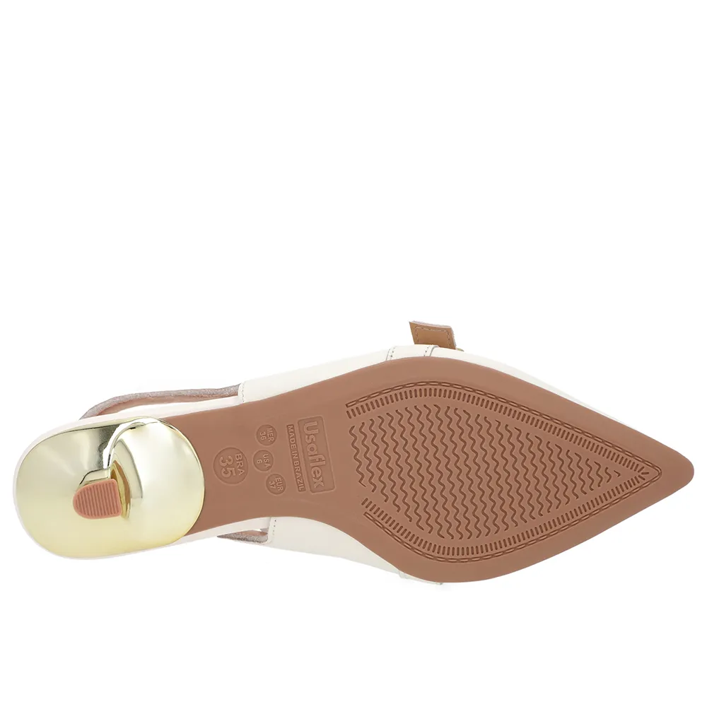 Slingback Branco Marfim Feminino Couro Tira Ajustável Confortável Elegante