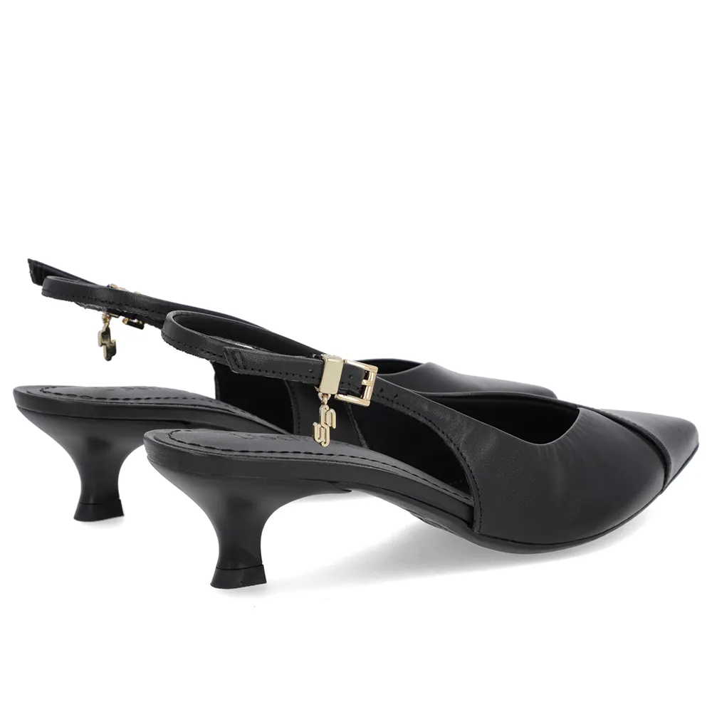 Slingback Preto Couro Salto Kitten Elegante Semi Aberto Feminino