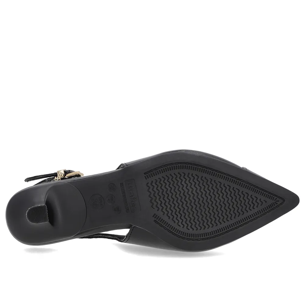 Slingback Preto Couro Salto Kitten Elegante Semi Aberto Feminino