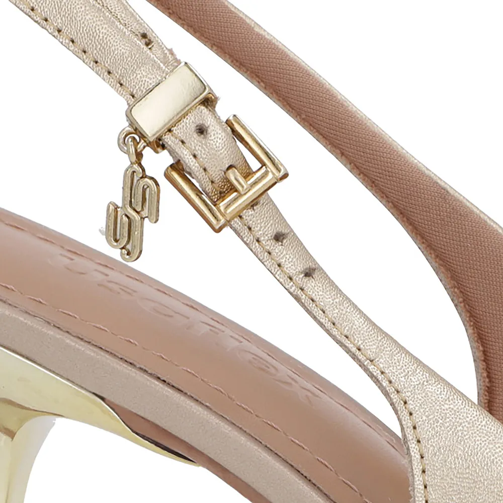 Slingback Dourado Salto Kitten Couro Semi Aberto Confortável Elegante Feminino