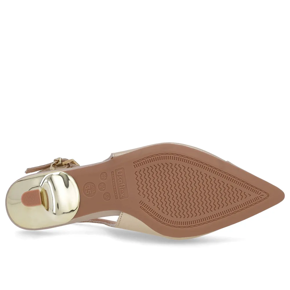 Slingback Dourado Salto Kitten Couro Semi Aberto Confortável Elegante Feminino