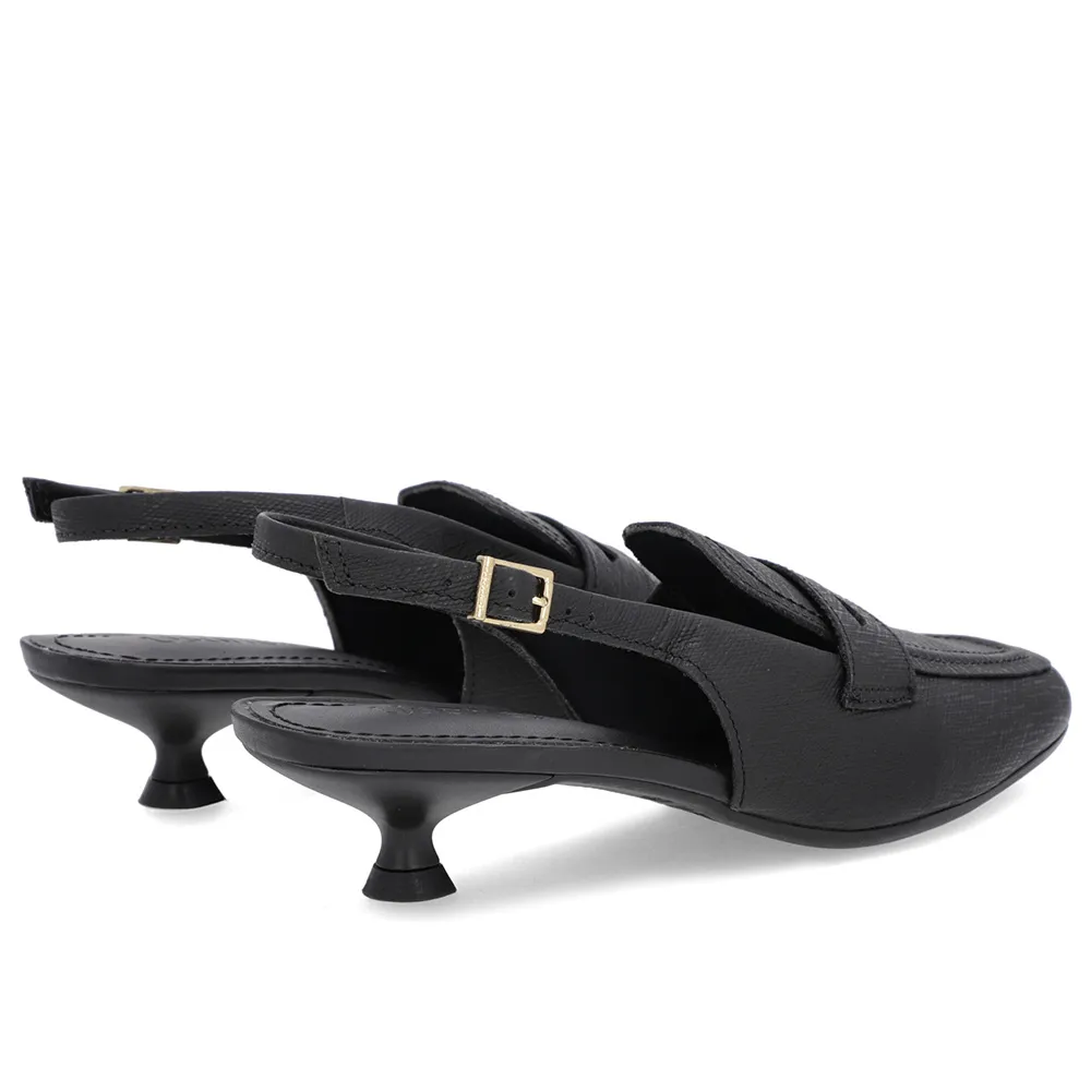 Slingback Preto Feminino Couro Texturizado Tira no Calcanhar Confortável