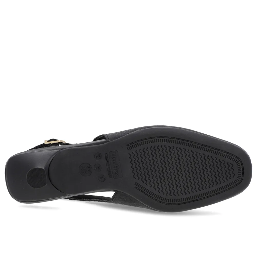 Slingback Preto Feminino Couro Texturizado Tira no Calcanhar Confortável