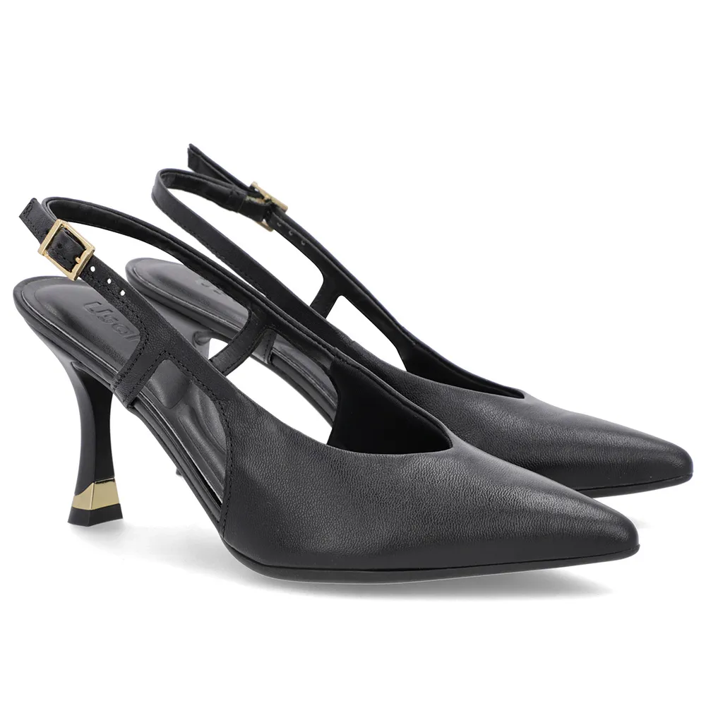 Slingback Preto Feminino Couro Liso Tira Lateral Confortável Elegante