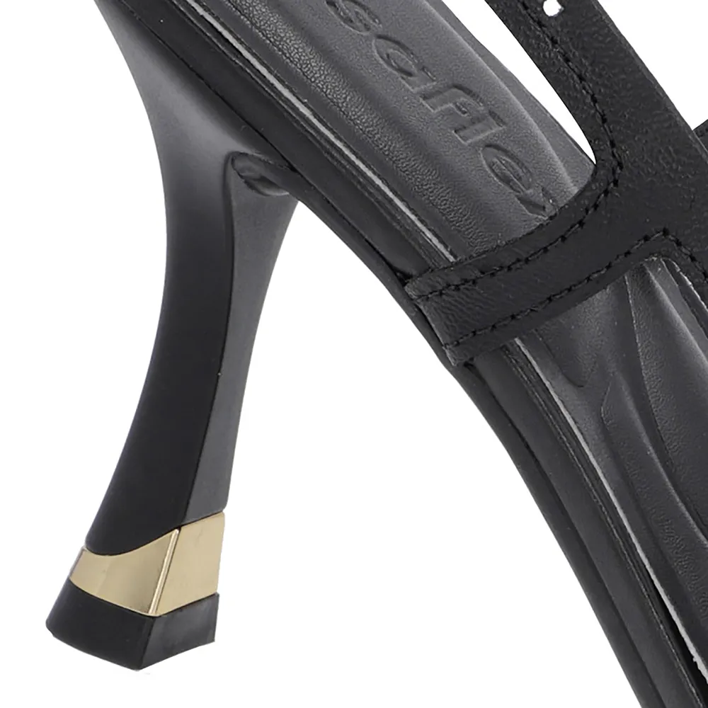 Slingback Preto Feminino Couro Liso Tira Lateral Confortável Elegante