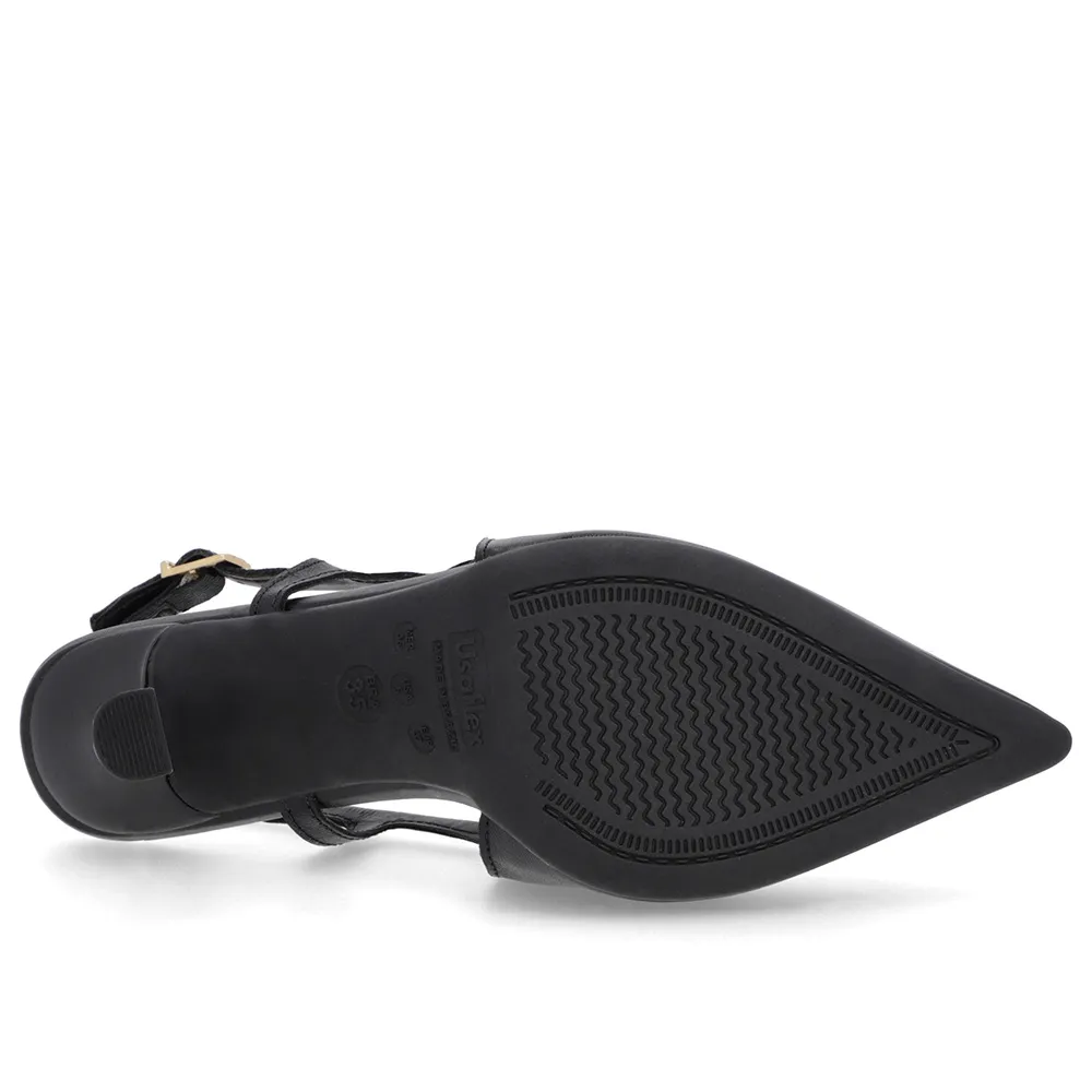 Slingback Preto Feminino Couro Liso Tira Lateral Confortável Elegante
