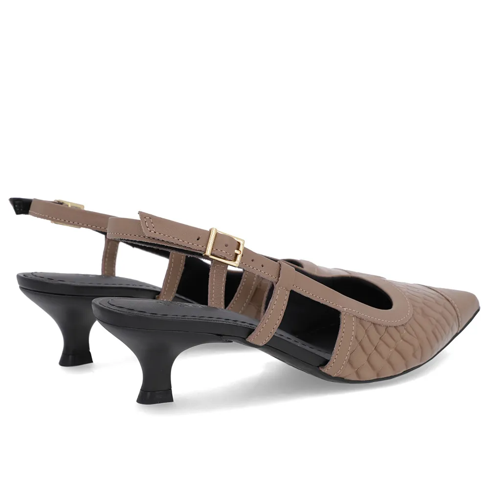 Slingback Marrom Salto Kitten Couro Croco Elegante Confortável Feminino