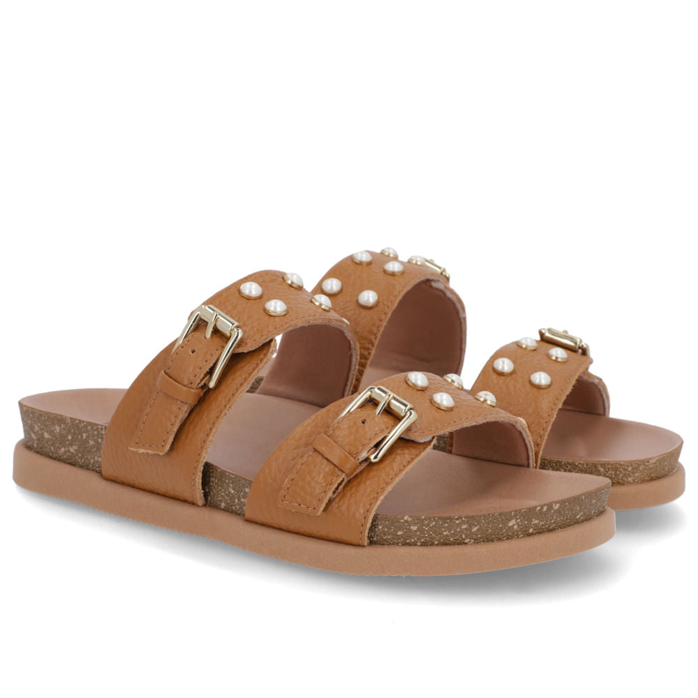 Slide Birken Marrom Couro Relax Com Fivela e Enfeite Elegante