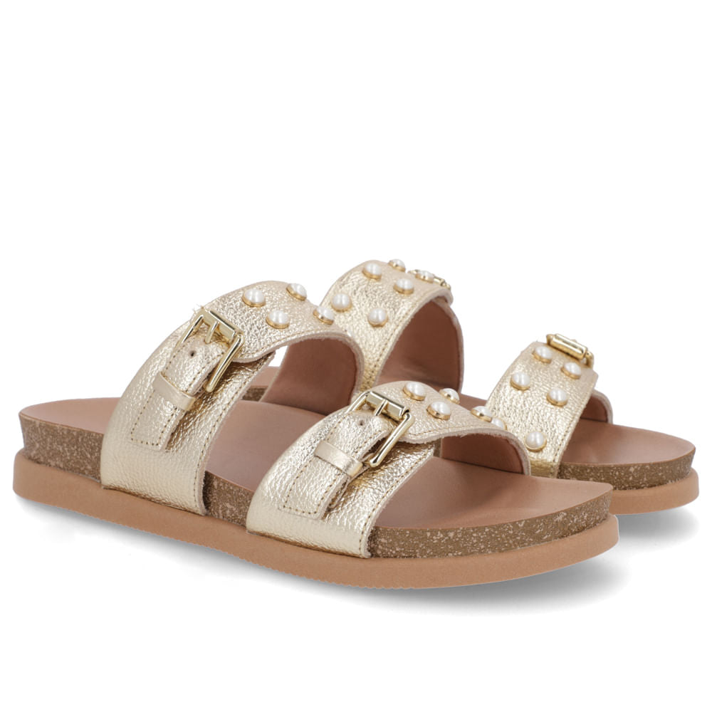 Slide Birken Dourado Couro Floter com Fivela e Enfeite Elegante