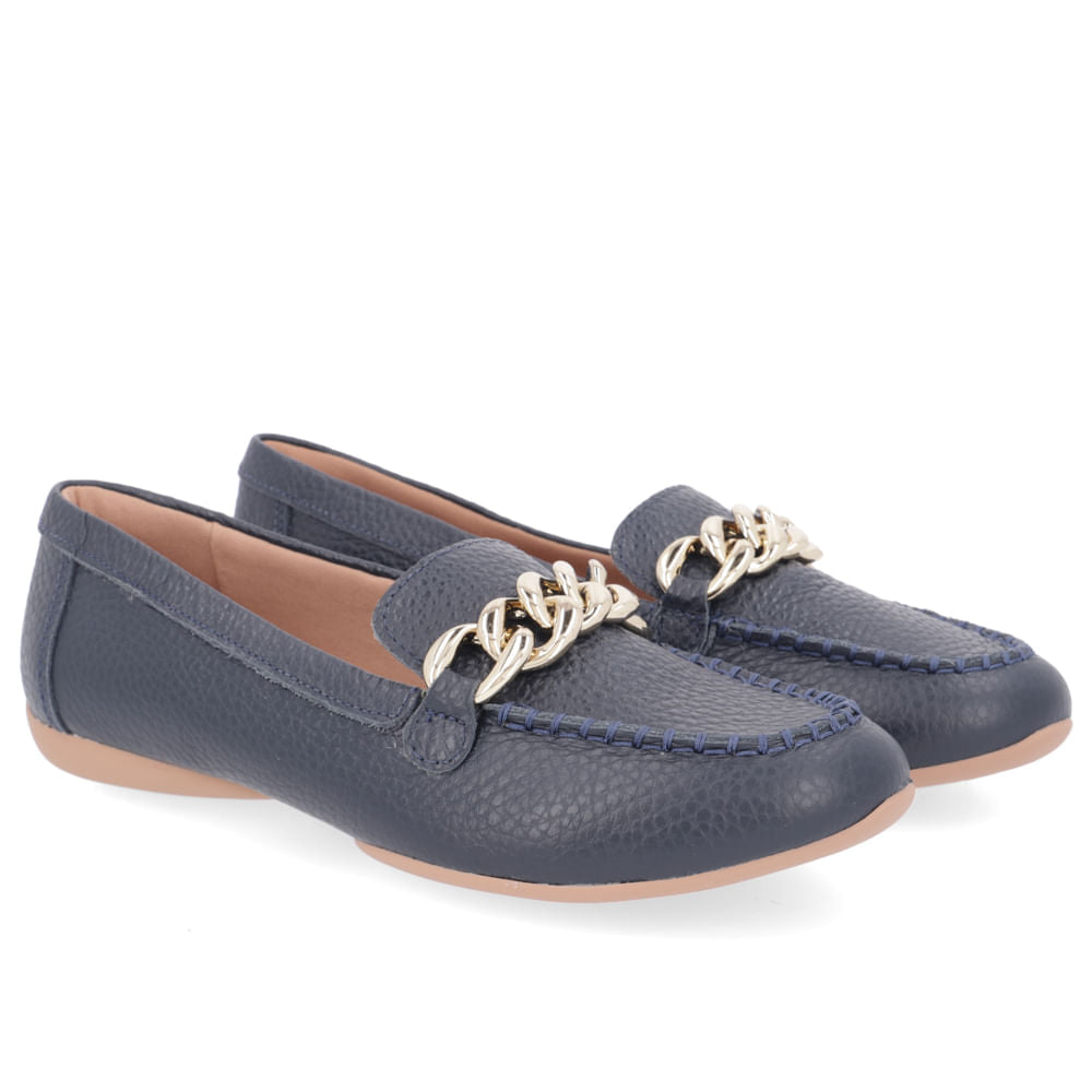 Mocassim Azul Couro Relax Catalano Enfeite Corrente Conforto