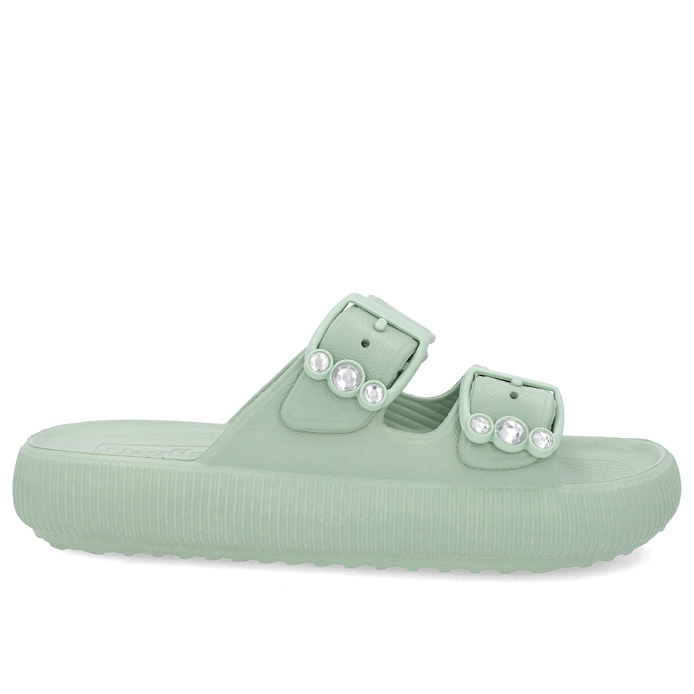 Slide Plataforma Verde Menta EVA Tiras Largas Fivela Strass