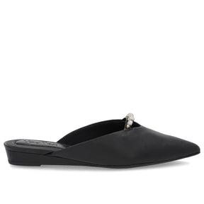 Mule Preto Bico Fino Couro Vegetal Salto Anabela Conforto Gel