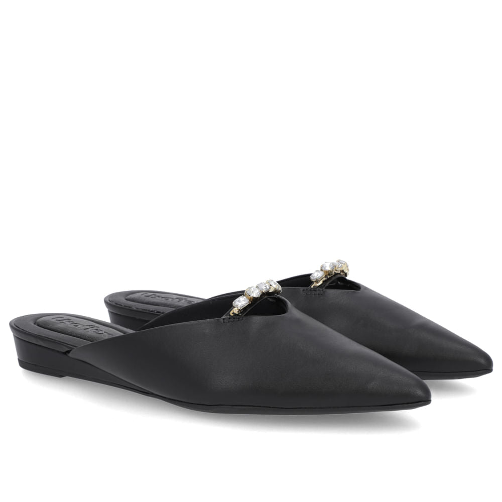 Mule Preto Bico Fino Couro Vegetal Salto Anabela Conforto Gel