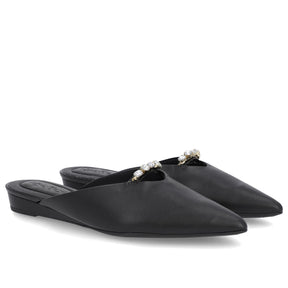 Mule Preto Bico Fino Couro Vegetal Salto Anabela Conforto Gel
