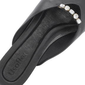 Mule Preto Bico Fino Couro Vegetal Salto Anabela Conforto Gel