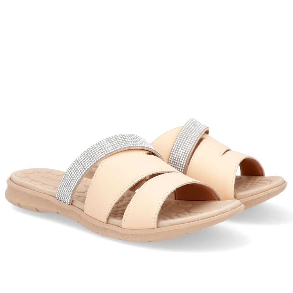 Slide Laranja Feminino Couro Napa Tiras Strass Palmilha Massageadora