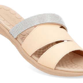 Slide Laranja Feminino Couro Napa Tiras Strass Palmilha Massageadora