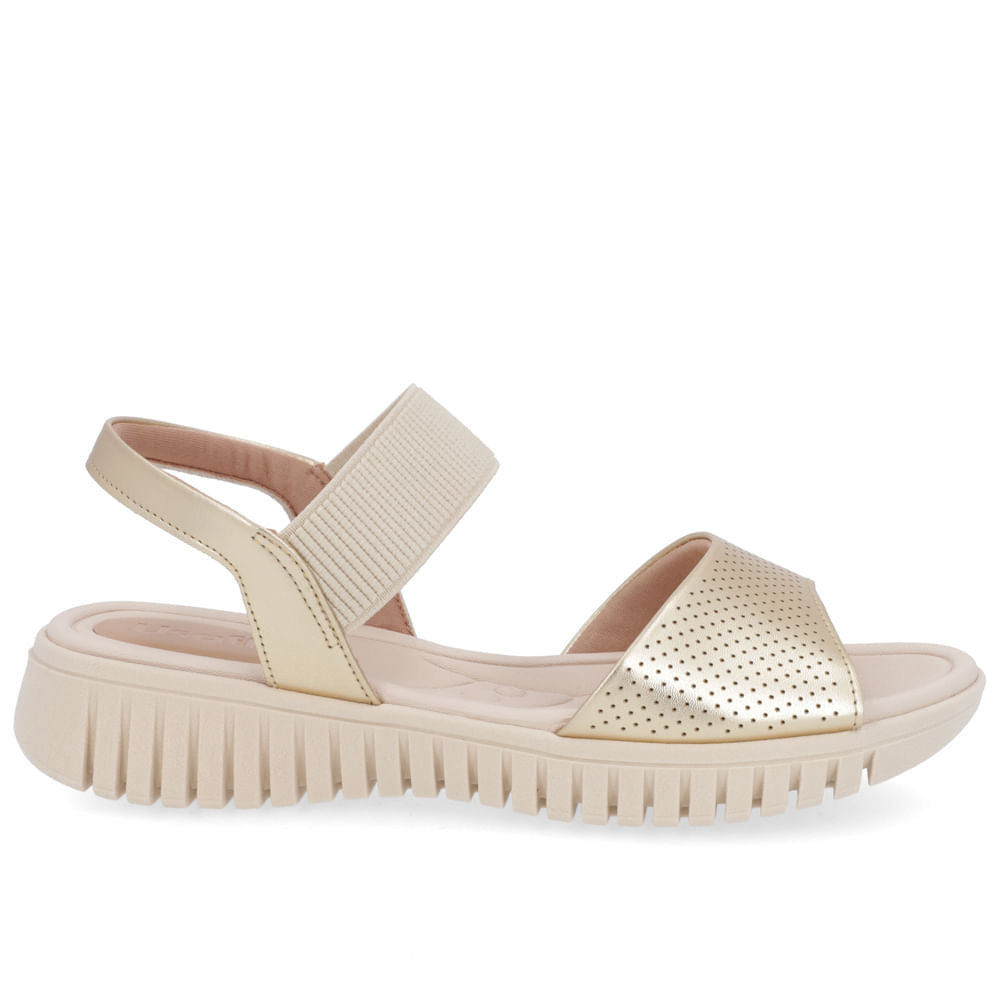 Sandália Salto Plataforma Couro Dourado Elástico Soft Slim Confortável