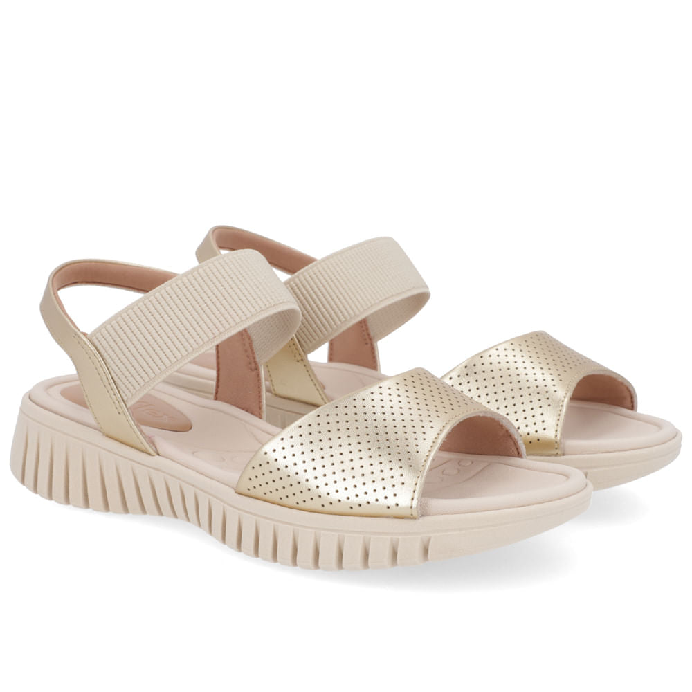 Sandália Salto Plataforma Couro Dourado Elástico Soft Slim Confortável