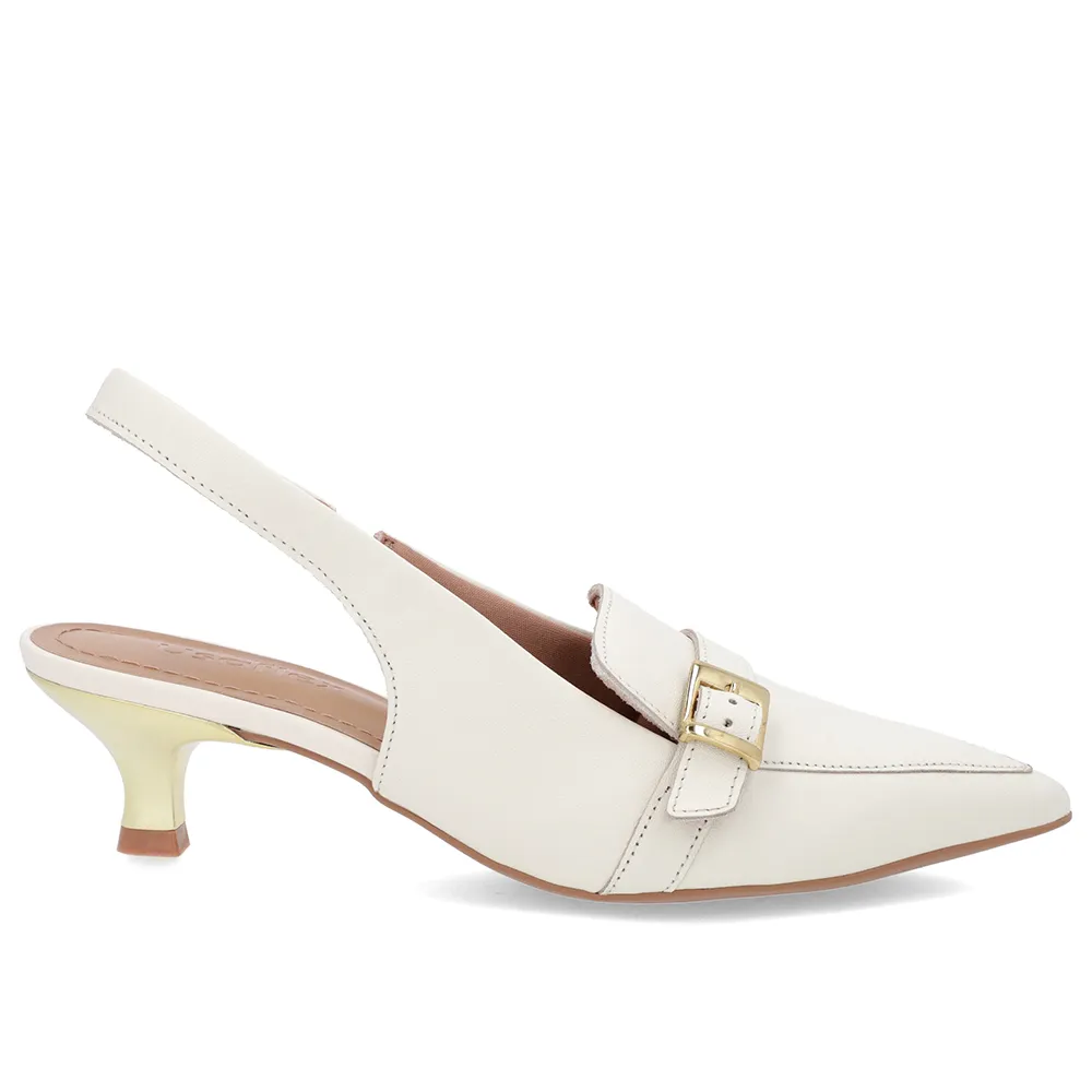 Slingback Branco Marfim Feminino Couro Tira Ajustável Confortável Elegante