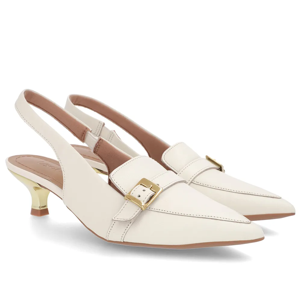 Slingback Branco Marfim Feminino Couro Tira Ajustável Confortável Elegante