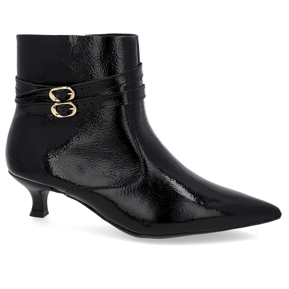 Bota Feminina Bico Fino Salto Kitten Preto Verniz com Tiras
