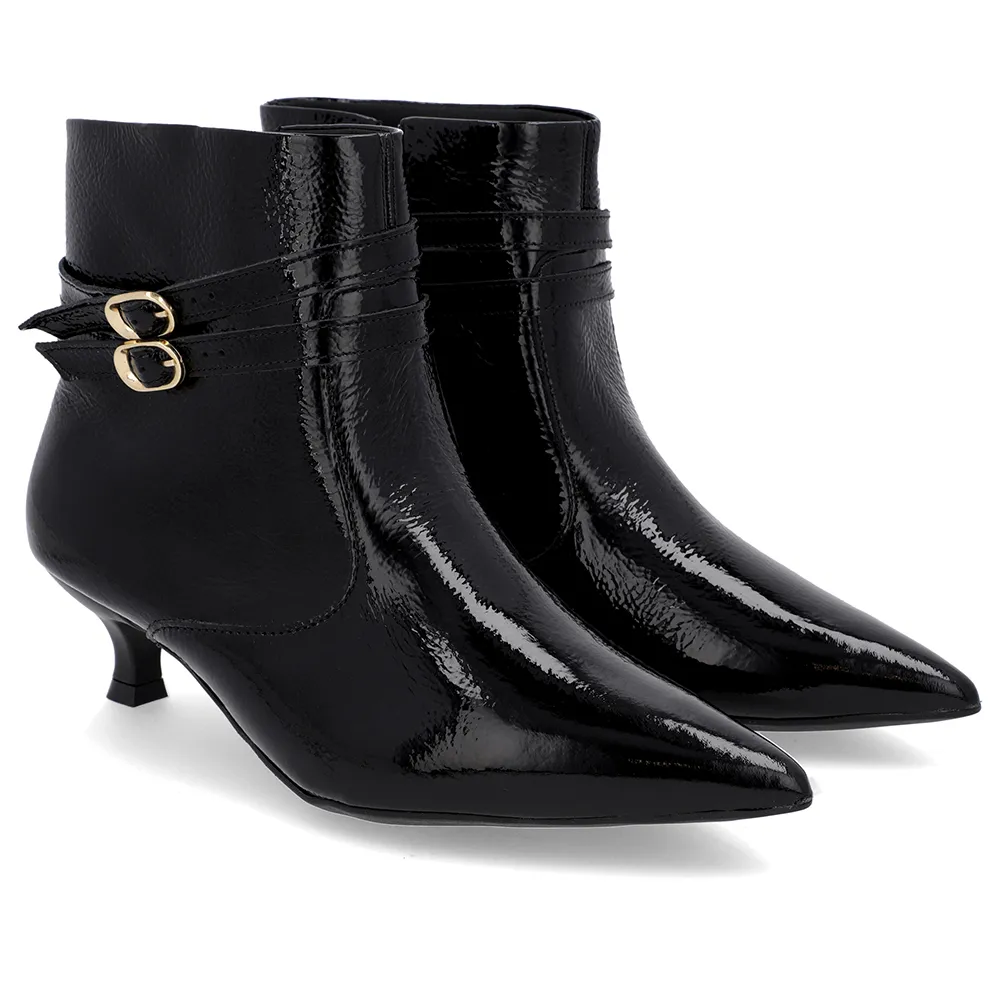 Bota Feminina Bico Fino Salto Kitten Preto Verniz com Tiras