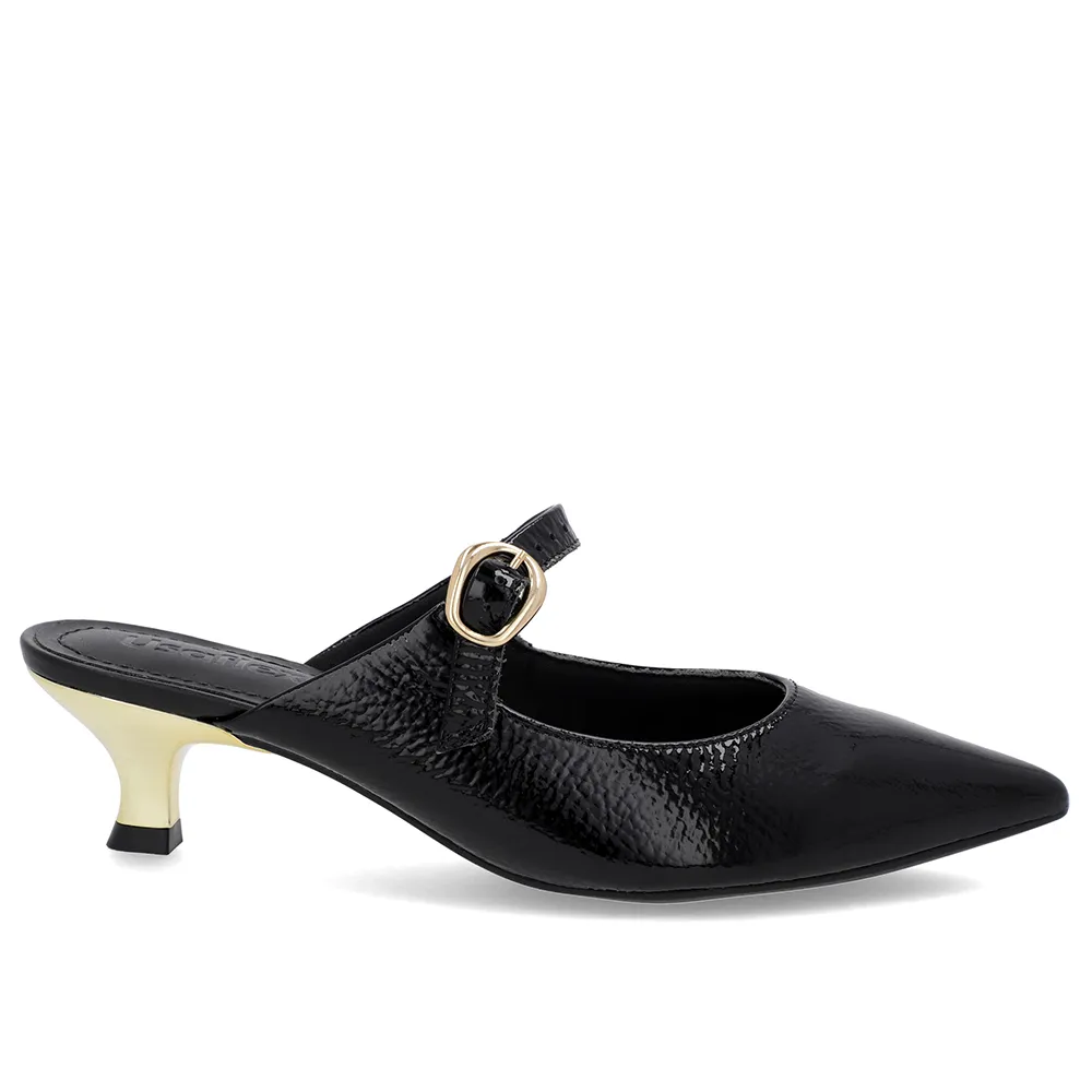 Mule Preta Verniz Salto Kitten Tira Elegante Confortável Feminino