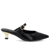 Mule Preta Verniz Salto Kitten Tira Elegante Confortável Feminino