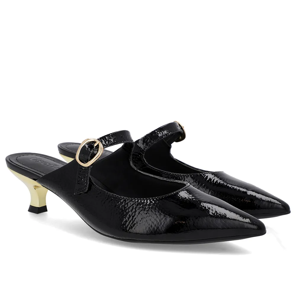 Mule Preta Verniz Salto Kitten Tira Elegante Confortável Feminino