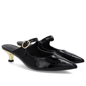 Mule Preta Verniz Salto Kitten Tira Elegante Confortável Feminino