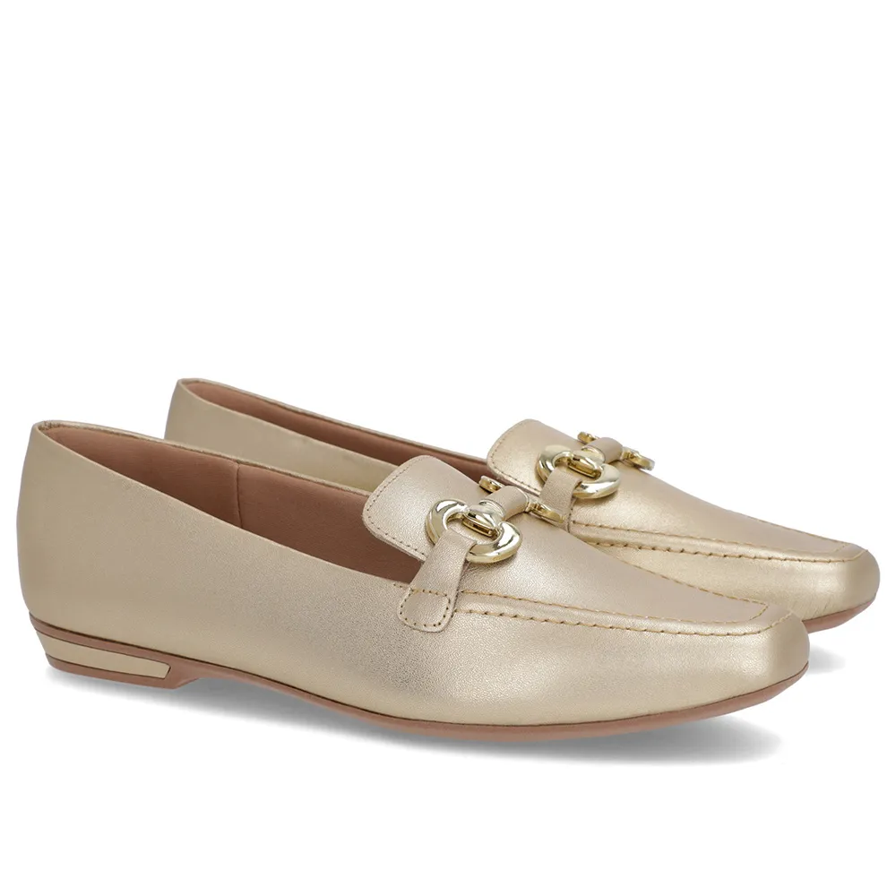 Loafer Dourado de Couro Bridão Confortável Elegante Estilo Casual