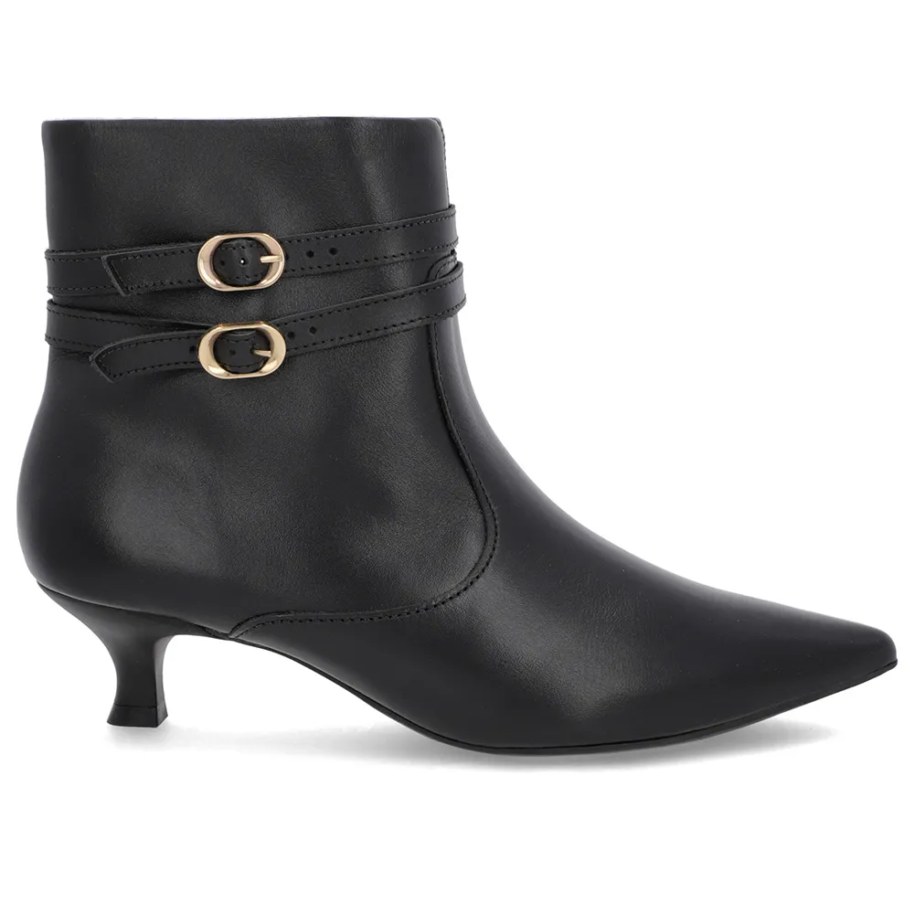 Bota Feminina Salto Kitten Couro Preta Bico Fino com Tiras Elegantes