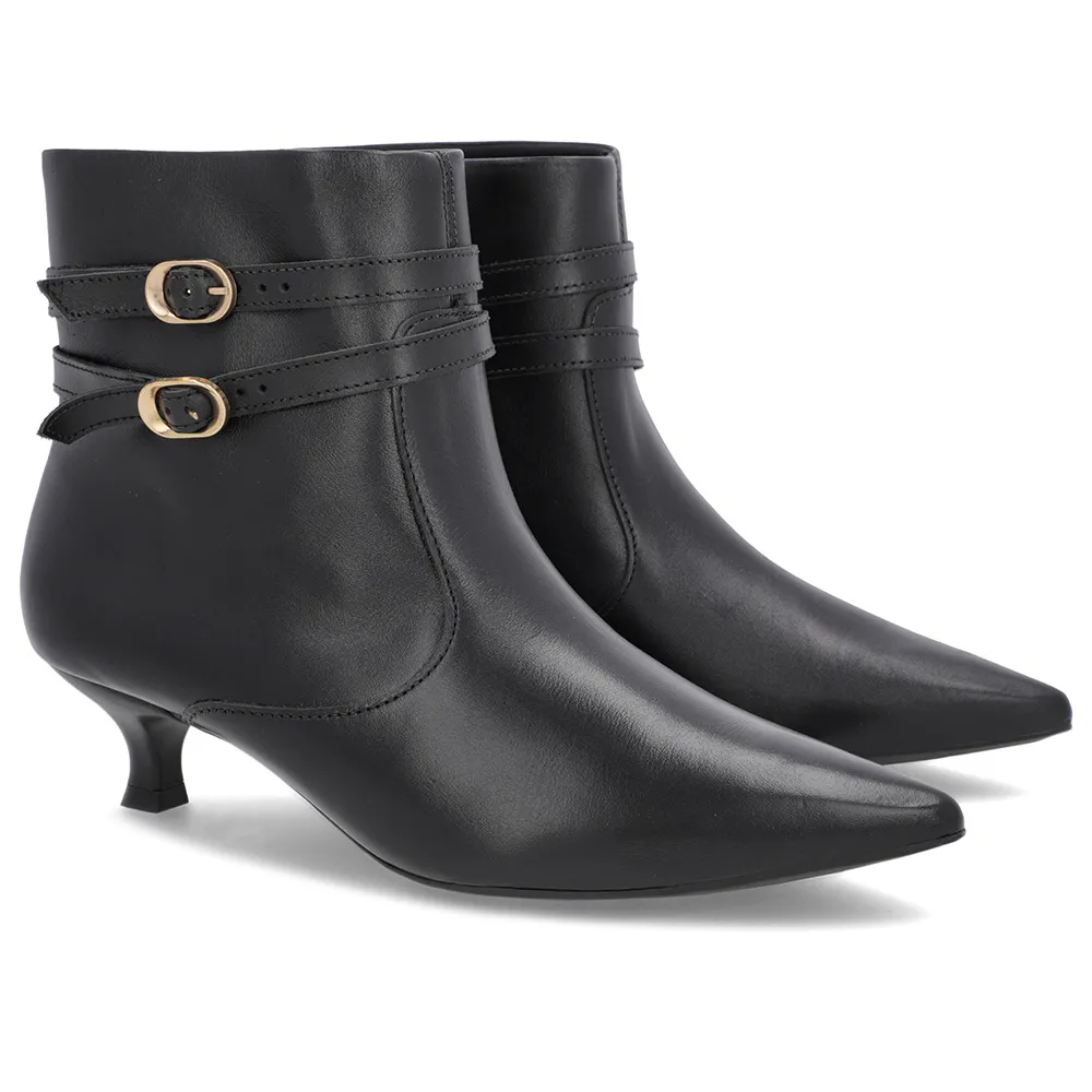Bota Feminina Salto Kitten Couro Preta Bico Fino com Tiras Elegantes