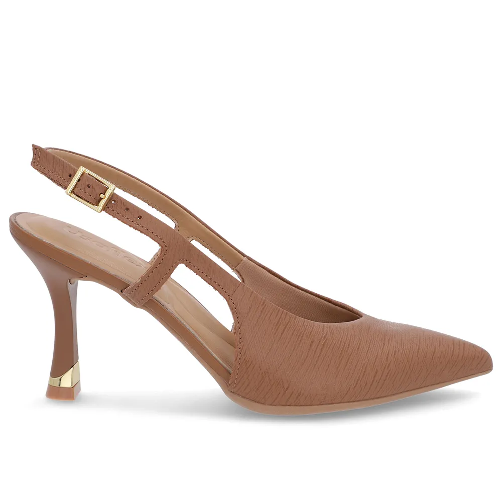 Slingback Marrom Feminino Couro com Tira Lateral Texturizada Confortável