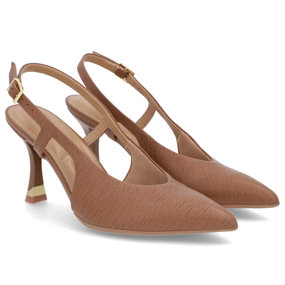 Slingback Marrom Feminino Couro com Tira Lateral Texturizada Confortável