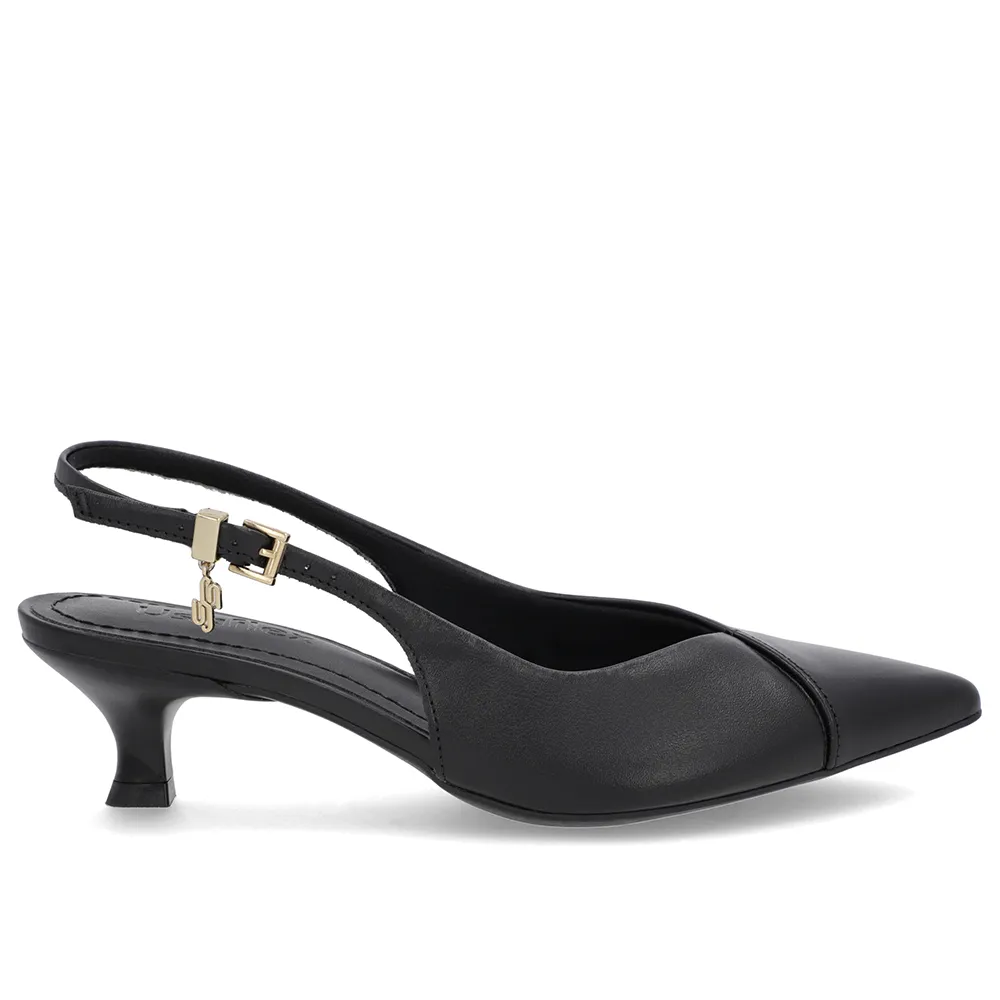 Slingback Preto Couro Salto Kitten Elegante Semi Aberto Feminino