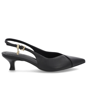 Slingback Preto Couro Salto Kitten Elegante Semi Aberto Feminino