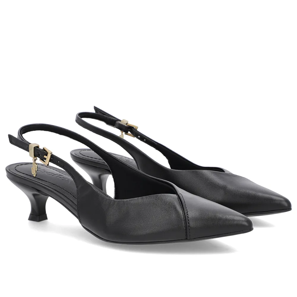 Slingback Preto Couro Salto Kitten Elegante Semi Aberto Feminino