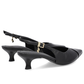 Slingback Preto Couro Salto Kitten Elegante Semi Aberto Feminino