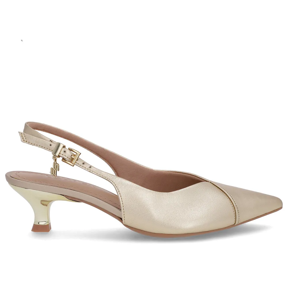 Slingback Dourado Salto Kitten Couro Semi Aberto Confortável Elegante Feminino