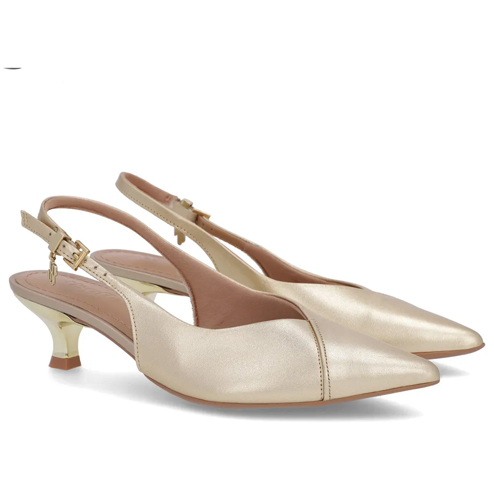 Slingback Dourado Salto Kitten Couro Semi Aberto Confortável Elegante Feminino