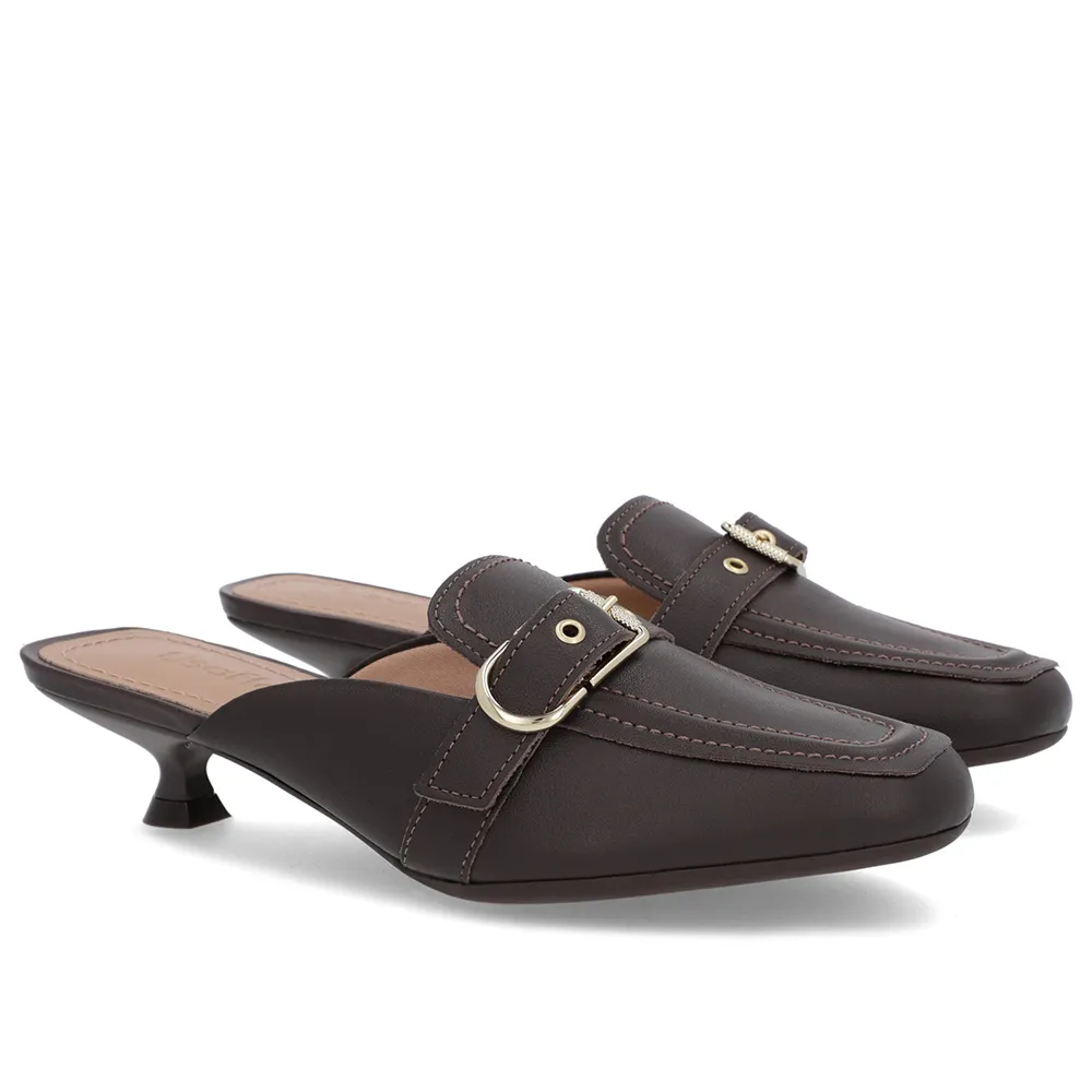 Mule Marrom em Couro com Salto Kitten e Fivela Elegante Feminino