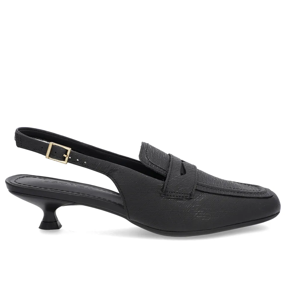 Slingback Preto Feminino Couro Texturizado Tira no Calcanhar Confortável