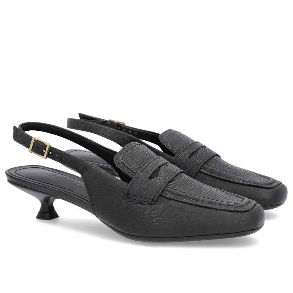 Slingback Preto Feminino Couro Texturizado Tira no Calcanhar Confortável