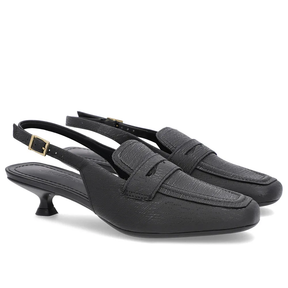 Slingback Preto Feminino Couro Texturizado Tira no Calcanhar Confortável
