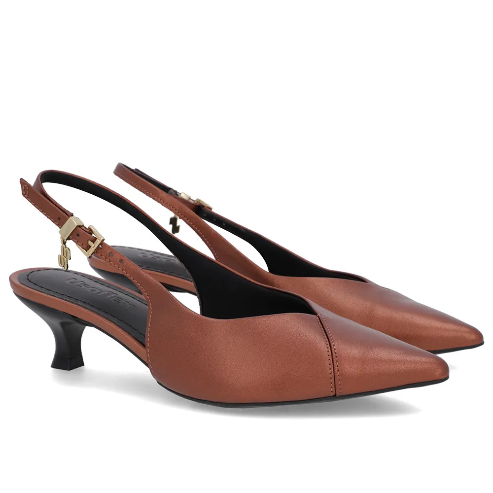 Slingback Cobre Couro Semiaberto Salto Kitten Confortável Elegante