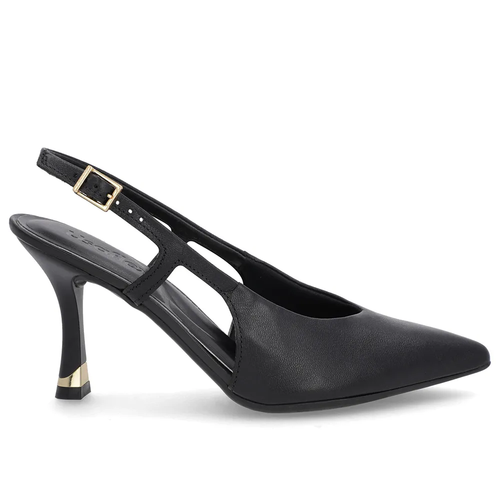 Slingback Preto Feminino Couro Liso Tira Lateral Confortável Elegante