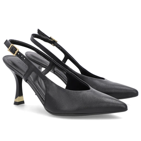 Slingback Preto Feminino Couro Liso Tira Lateral Confortável Elegante